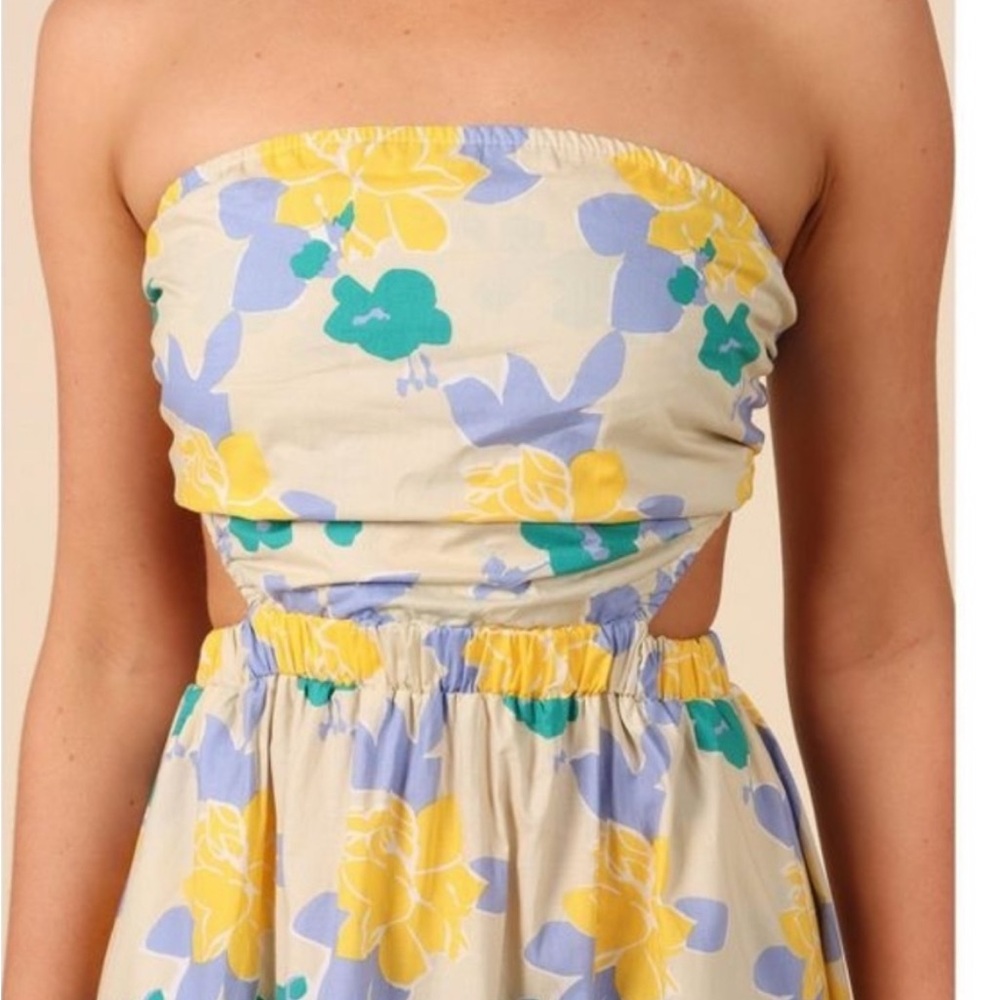 Petal & Pup Cream Floral Strapless Cutout Dress with Yellow, Blue & Teal Print